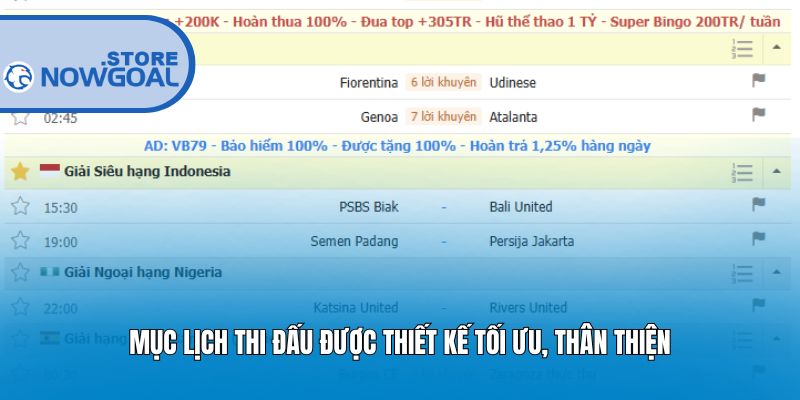 Mục lịch thi đấu được thiết kế tối ưu, thân thiện